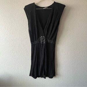 Vertigo Paris,  Women’s Black Strechy V Neck Beaded Tunic Tank Top, Size S